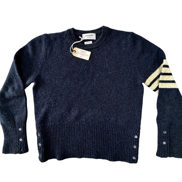 THOM BROWNE: Men's Navy Shetland Wool Crew Pullover - 1 - Picture 4 of 9